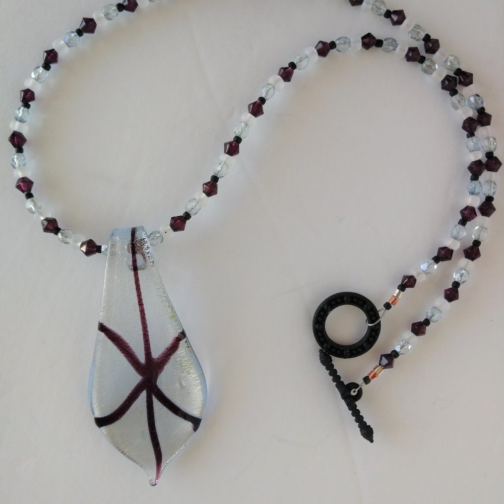 Clear Lampwork Glass Statement Necklace With Burgundy Seed Beads Handmade NWT
